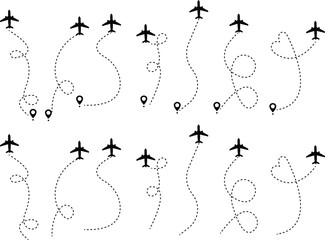 Airplane line paths icon set. Aircraft tracking planes, travel, map pins, location pins vector collection isolated on transparent background. Romantic travel, heart dashed line trace and plane routes.