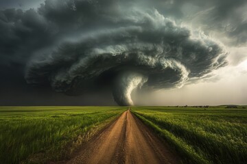 Powerful twister over rural landscape
