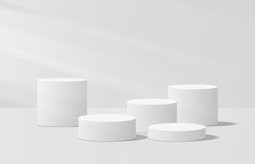 Soft realistic white 3d cylinder podium in lighting room shining on pedestal elegant. 3D vector stage for product mockup. Geometric platform. Vector rendering. Minimal scene for product promotion.