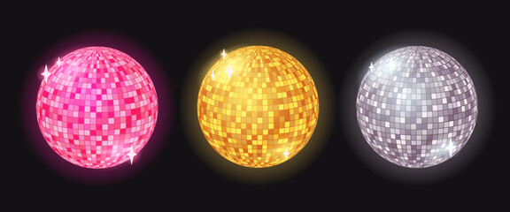 Set of colorful disco balls. Glowing glass spheres for retro party. Pink, gold and silver disco balls. Vector cartoon illustration