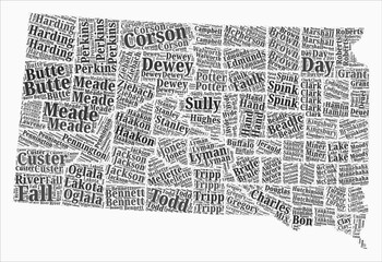 South Dakota text style counties. State region names word clouds in English language. Artistic vector illustration.