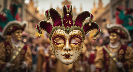 Ornate Venetian Jester Mask in Gold and Red Against Carnival Scene