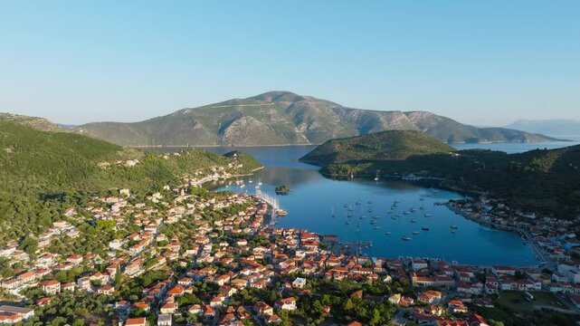Vathy settlement in Ithaca on Greek Ionian island, Drone shot, Establishing