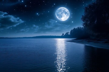 A moonlit night over a tranquil bay, starlight sparkling on the water's surface.