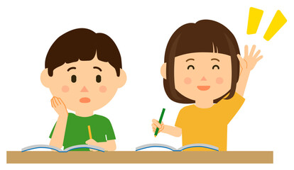 子供勉強2人男女挙手塾習い事笑顔
