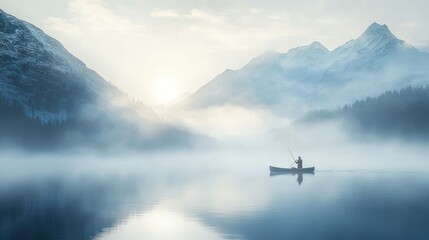 Misty dawn, lone kayaker, mountain lake, peace