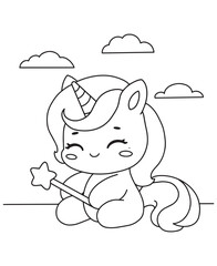 Coloring book unicorn holding a star-tipped magic wand, sitting under clouds. Fun line art for coloring