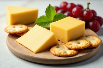 Artisanal cheese, crackers, grapes on pristine white , healthy, breakfast