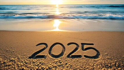 2025 Written in Sand at Sunrise on Peaceful Ocean Beach