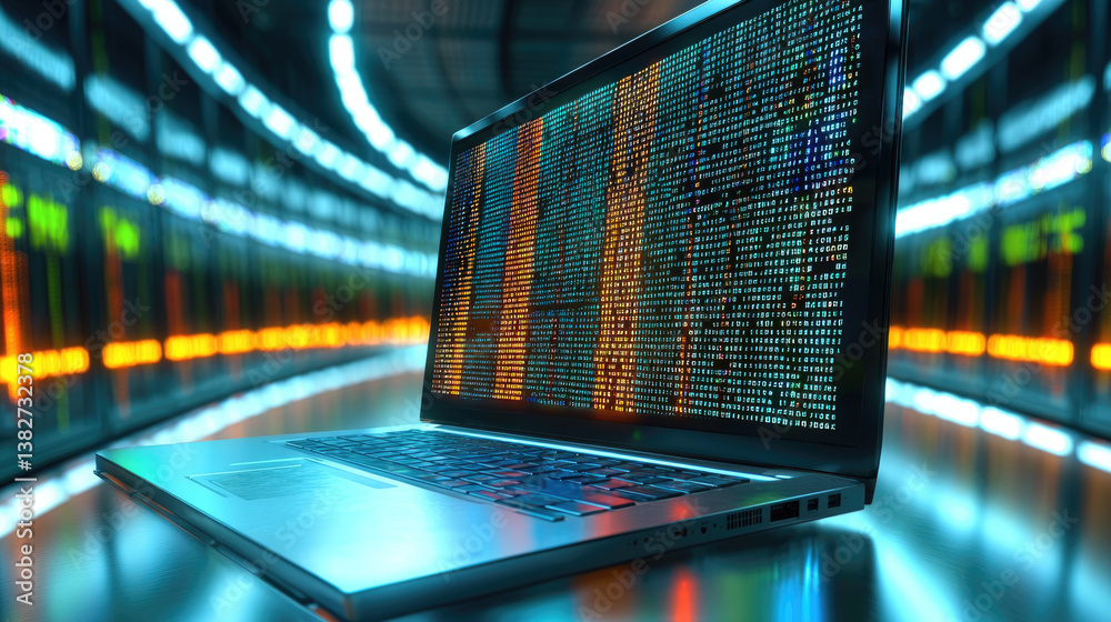 Aufkleber sleek laptop displaying vibrant digital data on its screen, set against backdrop of illuminated server racks. scene conveys sense of advanced technology and data processing