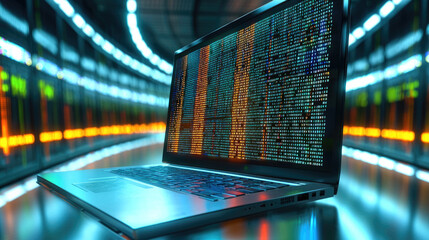 sleek laptop displaying vibrant digital data on its screen, set against backdrop of illuminated server racks. scene conveys sense of advanced technology and data processing