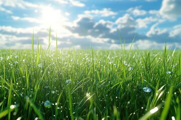 Fototapeta premium Bright sunlight illuminates a lush green field on a clear day in the countryside
