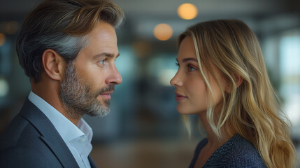 Naklejka premium A sophisticated portrait of a Caucasian man and woman, sharing an intense gaze in a modern office setting.
