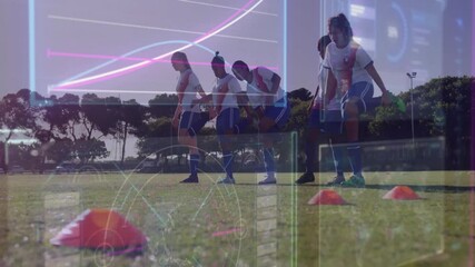 Soccer players training on field with digital data overlay animation - Powered by Adobe