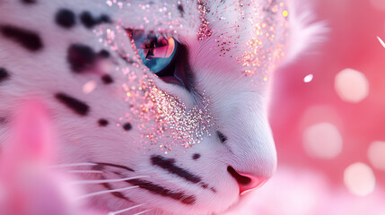 Close up of a white cat with blue eyes and glitter on its face in a pink dreamy background.
