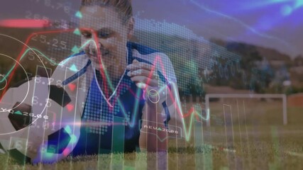 Holding ball, soccer player with financial data and animation overlay in scene - Powered by Adobe