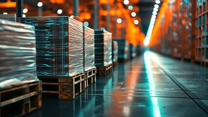 A wide view of an industrial warehouse with blurred pallets and shipping containers in organized rows, emphasizing the scale and systematic layout of the storage area.