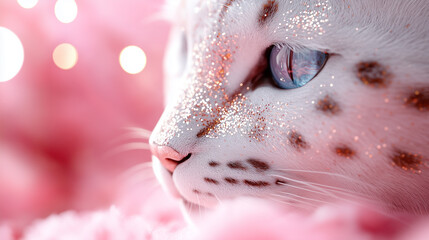 Close up of a white cat with blue eyes and glitter on its face in a pink dreamy background.