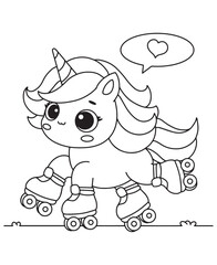 Coloring book unicorn on roller skates, with a heart speech bubble. Fun line art for coloring