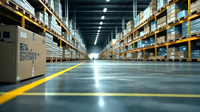 A soft-focus shot inside an industrial warehouse, where rows of stacked pallets and organized shipping containers create an endless path into the distance, emphasizing order and sc