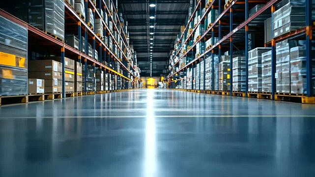 A soft-focus shot inside an industrial warehouse, where rows of stacked pallets and organized shipping containers create an endless path into the distance, emphasizing order and sc