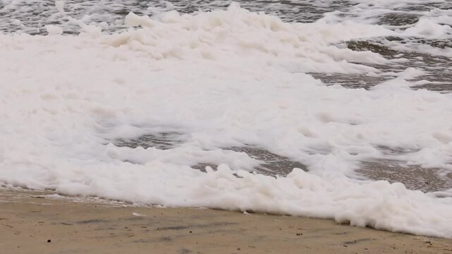 Foamy Waves Crashing on Sandy Shoreline