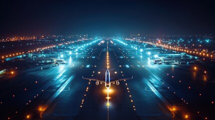 Airplane on Runway at Night with City Lights Background Aerial View