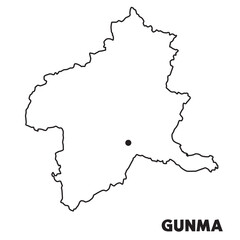 日本の群馬県単独の地図イラスト　都道府県別の白地図線画　県庁所在地