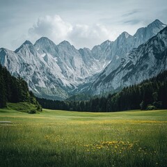 Majestic alpine mountain range and vibrant meadow landscape underneath expansive sky