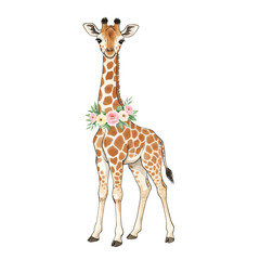 Watercolor giraffe with floral wreath around neck on black background