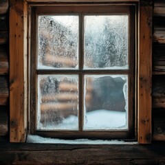 Frosted cabin window with snowy wood frame in winter