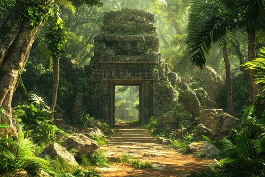 Ancient stone entrance surrounded by lush jungle vegetation in a forgotten temple