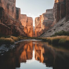 Serene canyon river at sunset with tall cliffs and reflective waters