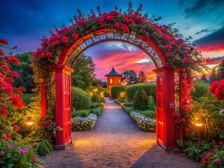 Fototapeta premium Low Light Garden Photography: Red & Pink Flowers, Archway, Building