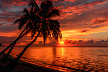 Obraz premium Dramatic Sunset Silhouetting Palm Trees on an Exotic Island 