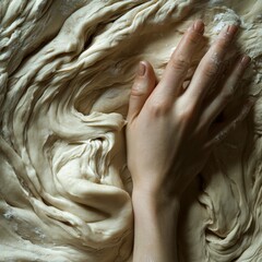 Caucasian female hand kneading bread dough close-up texture baking art