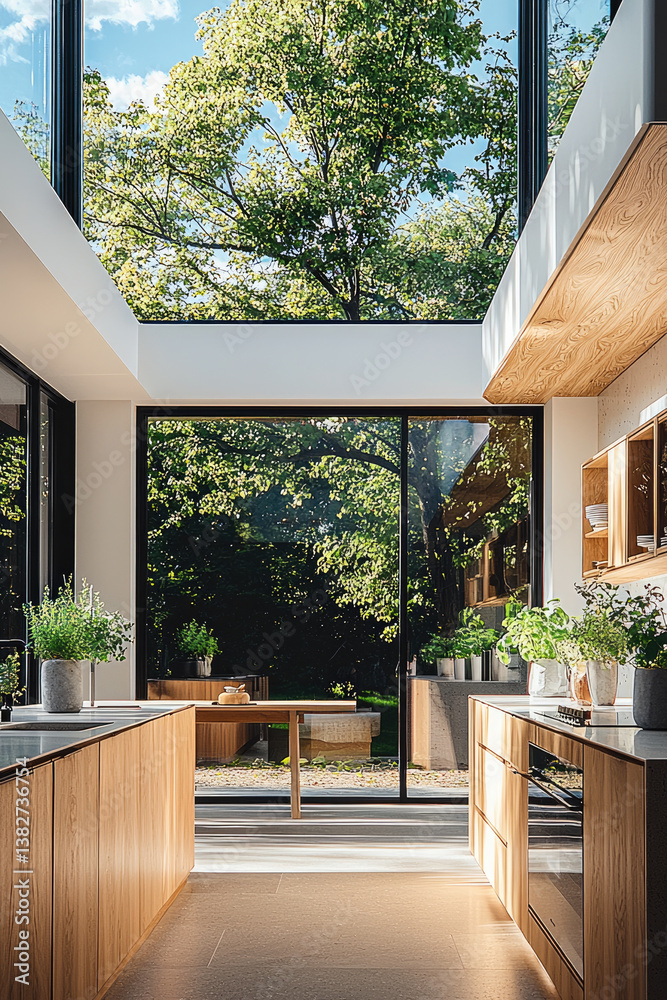 Aufkleber bright and airy minimalist modern kitchen features wooden cabinetry and large windows that offer vie