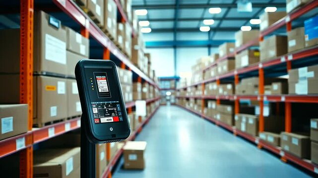 A smart inventory tracking device and barcode scanner are in focus in the foreground, with rows of organized, blurred shelves in the background, emphasizing the blend of human and