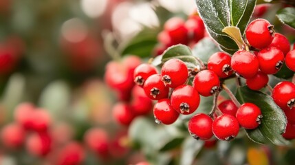 Obraz premium Bright red berries with green leaves in nature