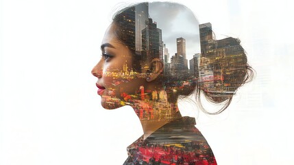 Profile silhouette merged with city skyline.
