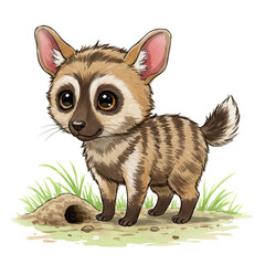 Cartoon aardwolf standing near its burrow with grass in the background