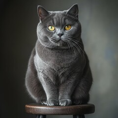 British shorthair cat with yellow eyes sitting on stool