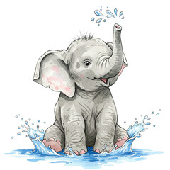 A cute baby elephant sitting in water with splashes and trunk up high