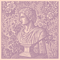 Fototapeta premium Vector illustration of a classical Greco-Roman bust statue against a decorative floral pattern. Vintage engraving or woodcut style in purple/lilac tones.