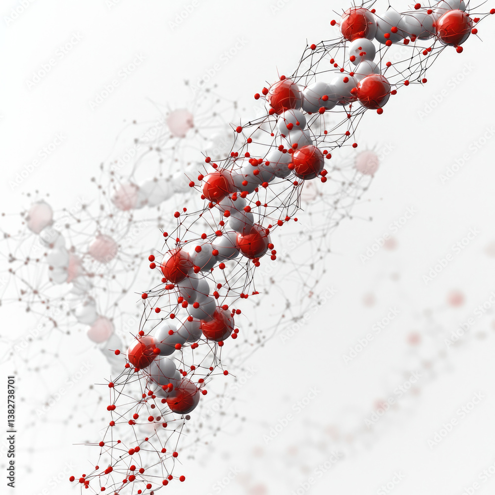 Fototapete detailed representation of collagen molecule showcasing its structure with red and gray spheres connected by lines, symbolizing molecular bonds and interactions. This highlights complexity