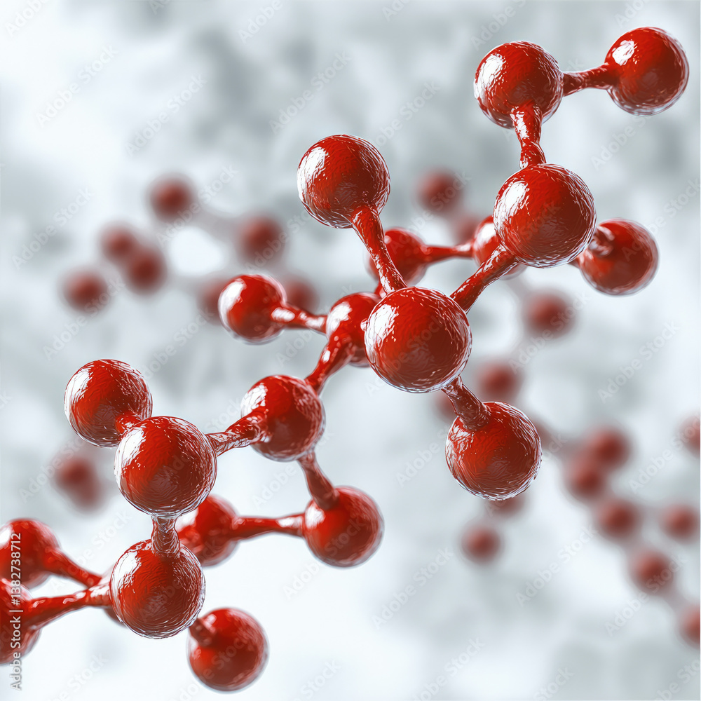 Poster molecular structure with red spheres representing atoms connected by bonds, showcasing scientific an