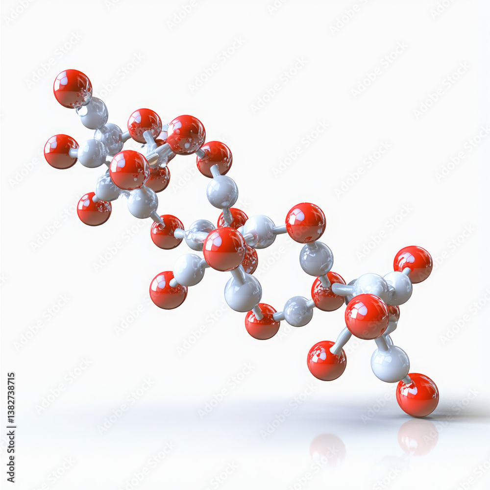 Poster Collagen molecule structure with red and white spheres representing atoms, showcasing dynamic arrangement. This highlights intricate design of molecular biology and its significance in health