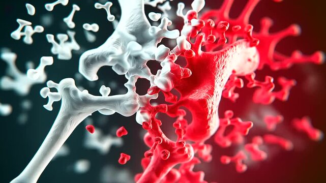 A comparative D model of a healthy vs. cancerous hip bone, showing a stark contrast between the two sides. The cancerous side is deformed, brittle, and covered in abnormal growths