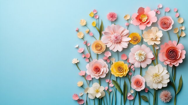 Beautifully arranged paper flowers in pastel hues, ideal for spring or Easter promotions, invitations, and decor, featuring ample copy space for messaging.