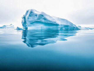 A massive iceberg floats gracefully in tranquil waters, its striking reflection revealing a glimpse of the hidden world beneath